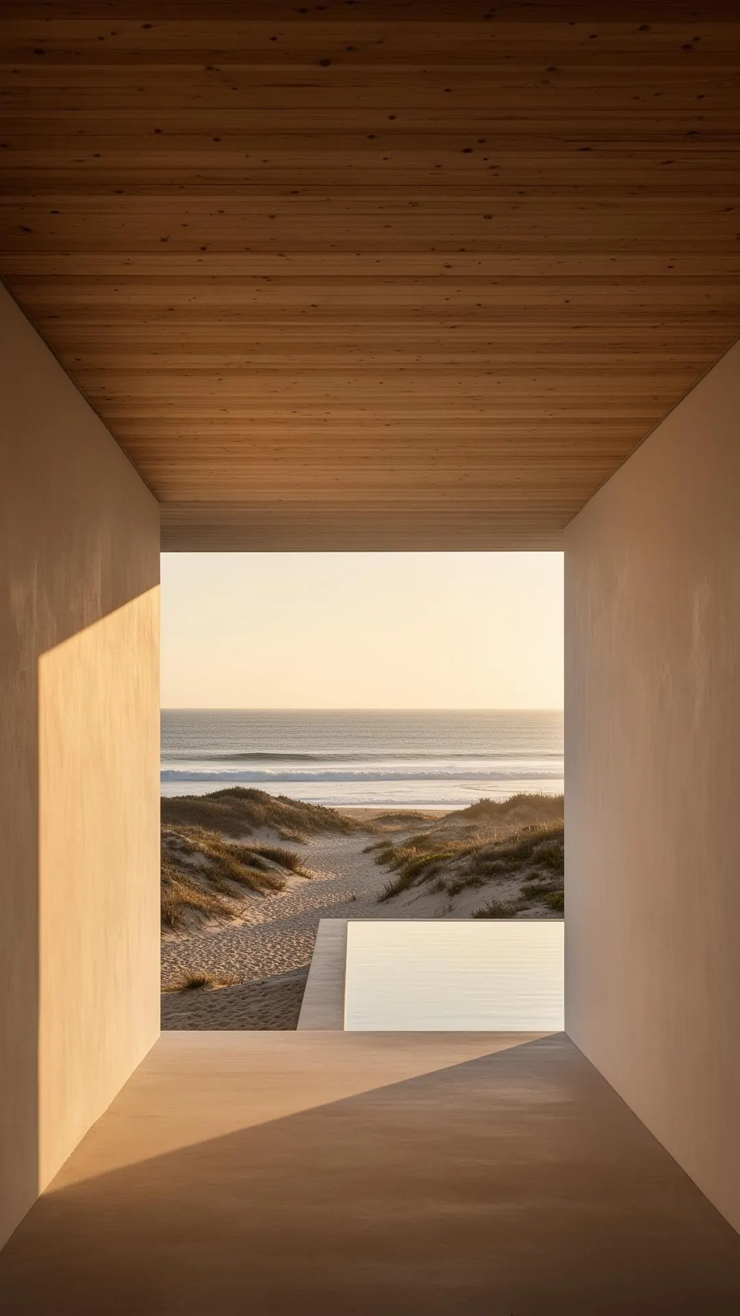 Casa Litoral, Comporta — interior corridor framing the Atlantic